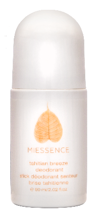 Miessence certified organic Tahitian Breeze Roll-on Deodorant in a white bottle with a green leaf design.