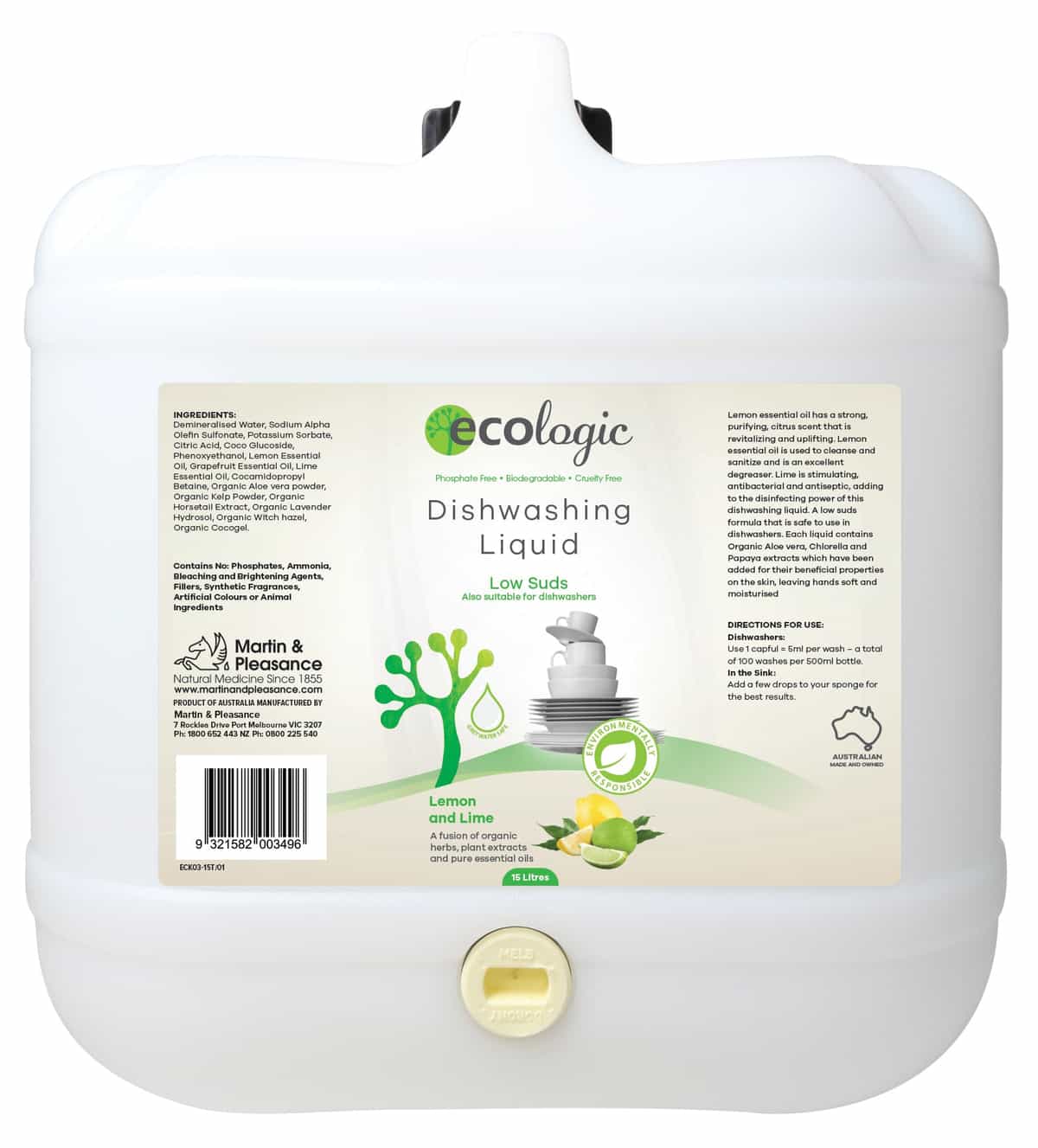 ECOLogic Lemon & Lime Dishwashing Liquid BULK 15L