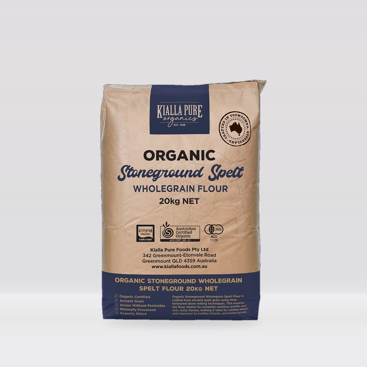 Kialla Pure Foods Organic Wholegrain Spelt Flour 20kg