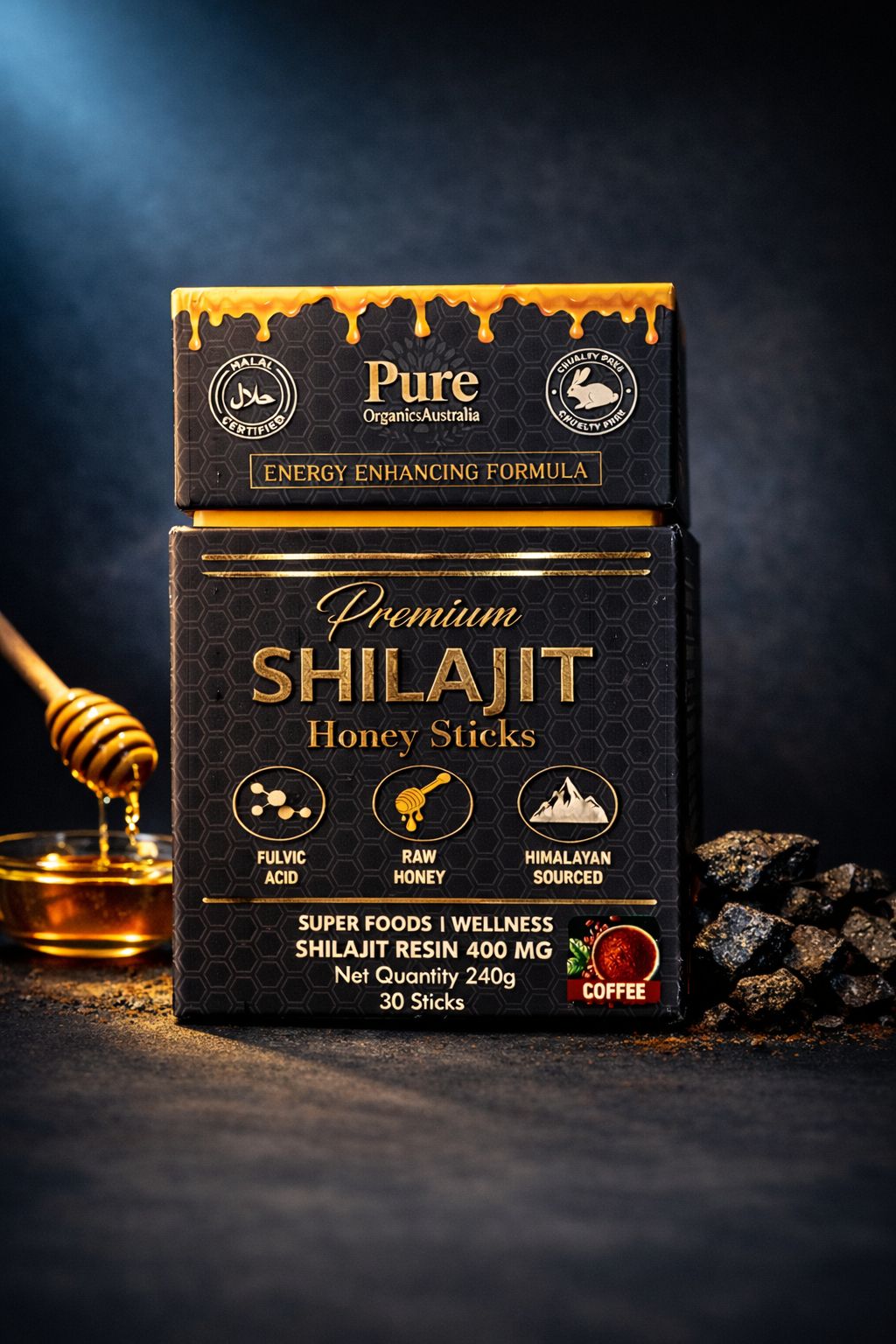 Pure Organics Australia Premium Shilajit Honey Sticks Coffee Flavor 30 Sticks 240g